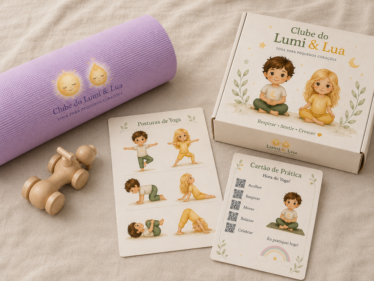 Kit do Clube Mini Yogi com tapete, cards de posturas e caixa